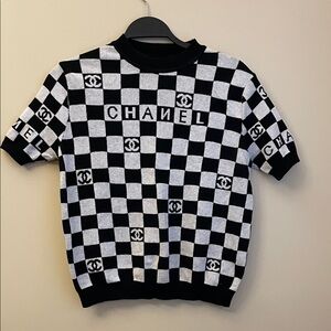 CHANEL Monochrome Checkered Knit Top